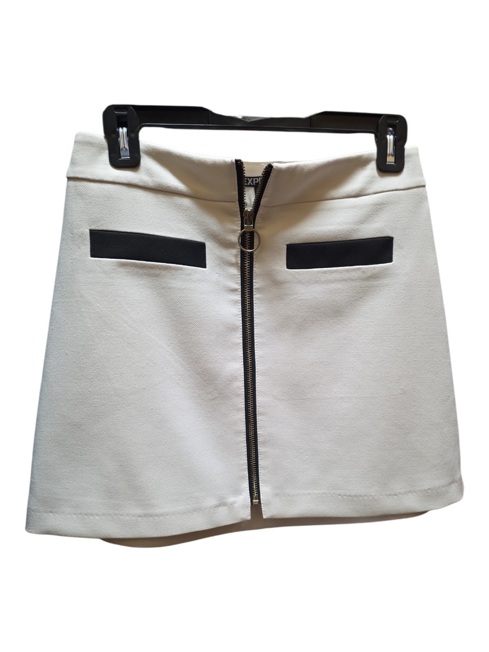 Express Cream Mini Skirt with Front Zip and Black Trim